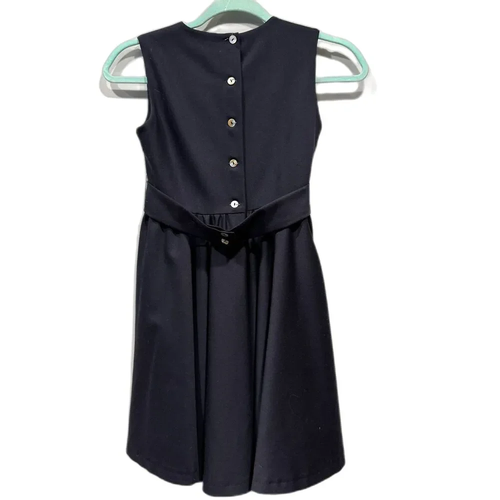 Oscar de la Renta Girls Dress Wool Linen Bow Fit Flare Navy Preppy Formal Sz 10